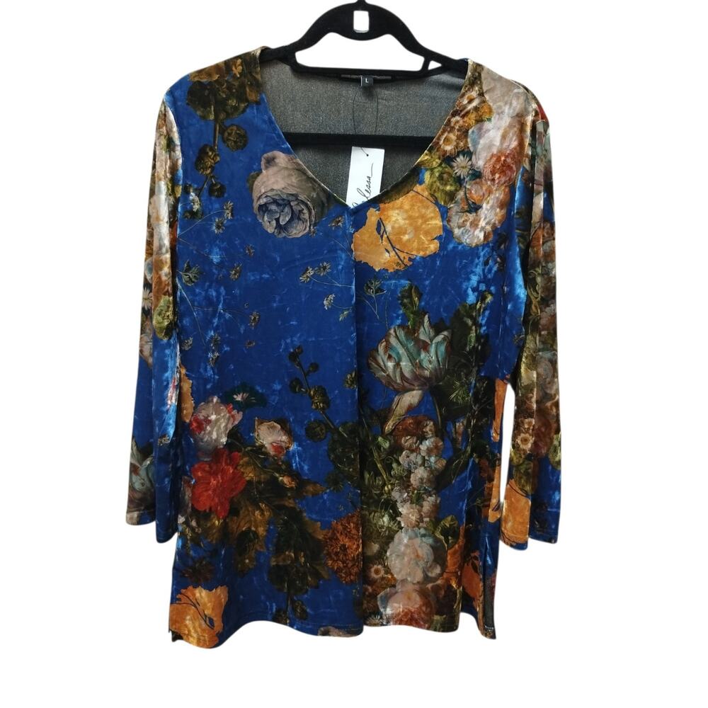 Calessa Womens 3/4 Sleeve Artsy Floral Velvet Top Large V Neck Romantic Event